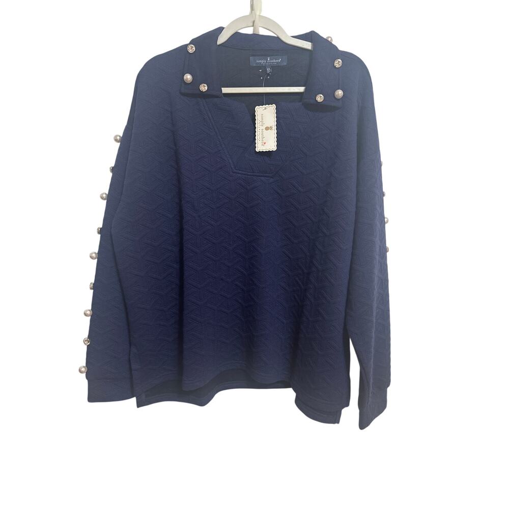 Simply Southern 2 Piece NWT Navy Quilted Top/Pants Pearl Rhinestone Accents XL